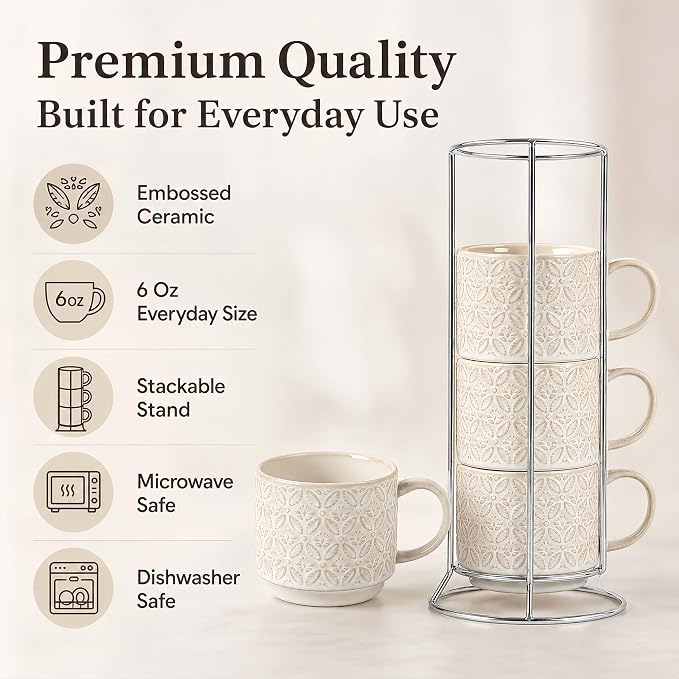 6 Oz Coffee Mugs with Stand, Stackable Ceramic Espresso Cups Set of 4, Embossed Coffee Cups Sets, Porcelain Cappuccino for Latte, Cocoa, Mocha, Tea, Dishwasher Safe, Vintage White - Image 7