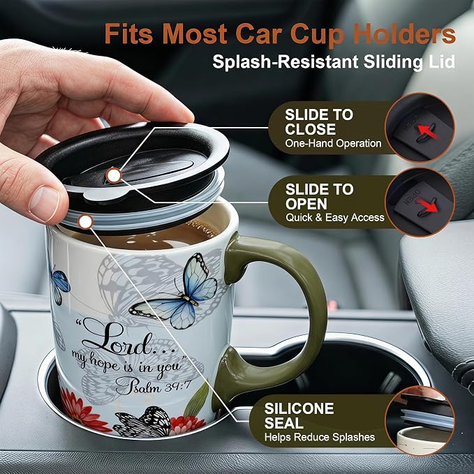 Topadorn 2 Pack Ceramic Travel Mugs with Lids, 17oz Christian Coffee Mug | Coffee Mug Set with Bible Verse & Floral Design, Microwave & Dishwasher Safe Gift Set - Image 4