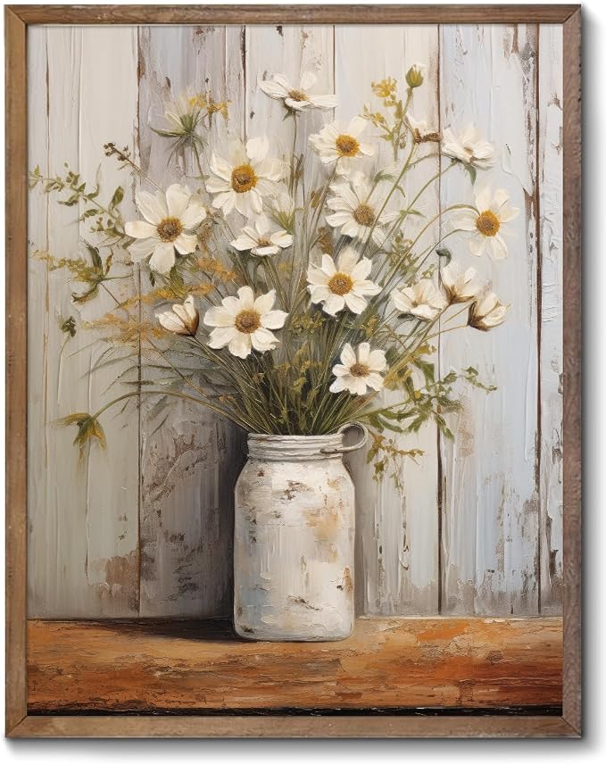 XOCUUI Vintage Canvas Wall Art, Modern Gallery Decor Print White Daisy Flower With Leaf In Bottle Theme Picture Artwork For Walls Ready for Kitchen Bedroom Decor Size 12x16 by XOCUUI