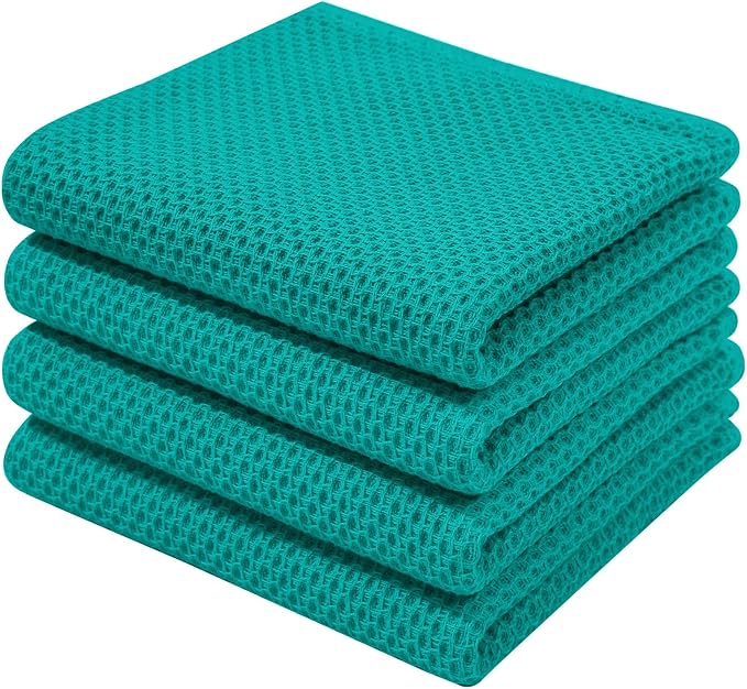 Homaxy 100% Cotton Waffle Weave Kitchen Dish Towels 4-Pack, Teal | 13 x 28 Inches, Ultra Soft Absorbent Dish Towels, Quick Drying Cleaning Towels by Homaxy