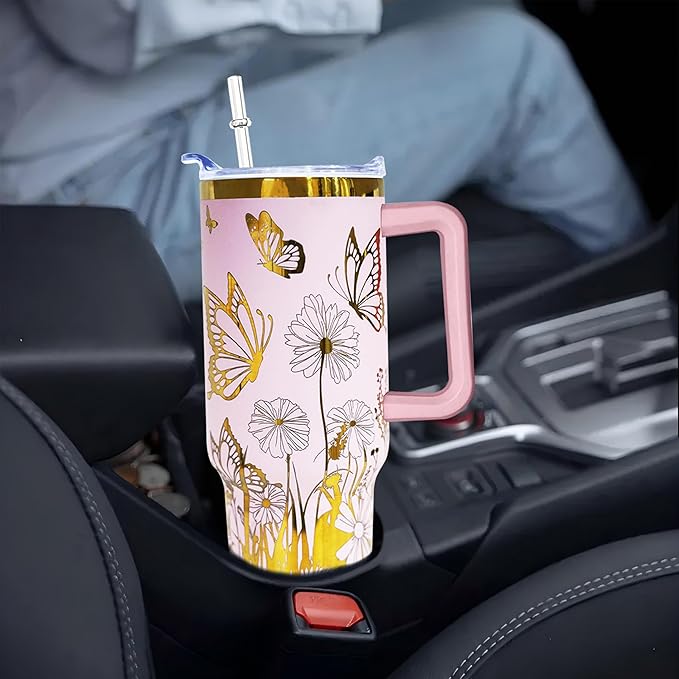 40 oz Butterfly Laser Engraving Tumbler With Handle With Lid Straw Double Insulated Travel Coffee Cup Butterfly Travel Accessories Must Have Gifts For Women