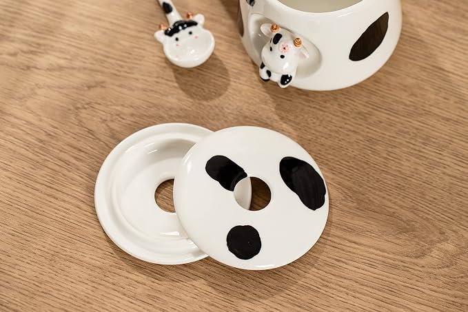 DIHOclub Adorable 3D Ceramic Cow Mug with Lid and Spoon - Perfect for Coffee, Tea, Milk, and More - Ideal Gift for Animal Lovers Gift for Mather- 14 Ounces(BLack white) - Image 9