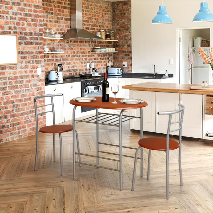 VINGLI 3 Piece Dining Set, Small Kitchen Table Set for 2, Breakfast Table Set, Kitchen Wooden Table with 2 Chairs for Small Space/Dining Room/Apartment, Metal Frame, Wine Rack, Russet - Image 8