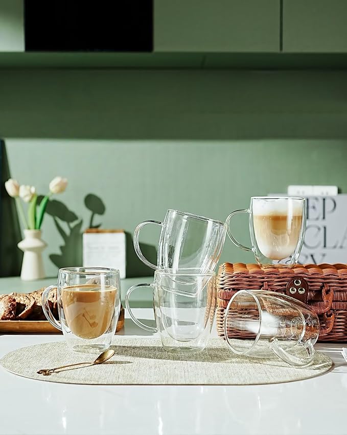 Double Wall Glass Coffee Mugs with Handle, Clear, 12 Ounces Tea Cups, Wedding Gifts, Heat Resistant, Set of 6