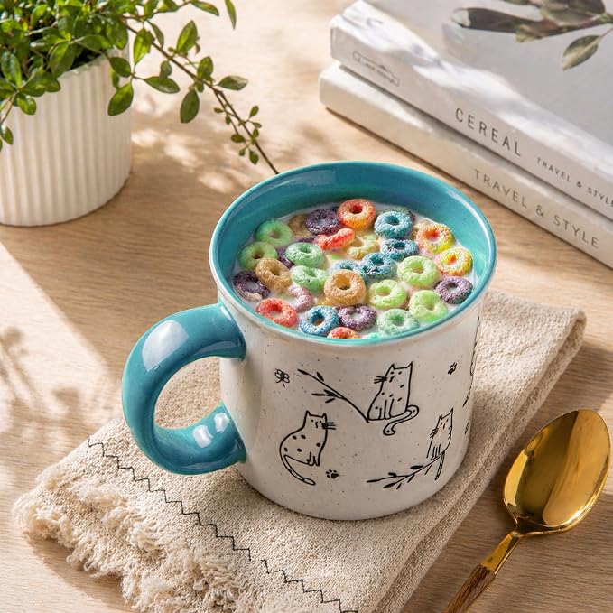 AmorArc 22 OZ Large Ceramic Coffee Mugs Set of 2, Oversized Mugs With Big Handle for Men Women Dad Mom, Big Mug With Textured Dogs Cats Patterns for Office & Home -Microwave Safe, 2 Pcs-Blue - Image 5