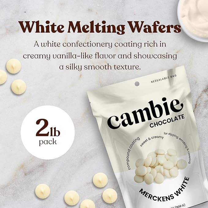 Merckens White Melting Chocolate - 2 Pounds of Premium Quality White Candy Melts to make Dubai Chocolate Bar, Cake Pops, Cocoa Bombs, & Homemade Desserts