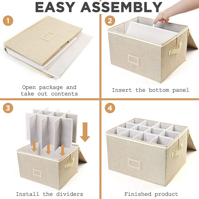 LotFancy Stemware Storage Container for Moving, Hard Shell, Stackable Wine Glass Storage Box with Dividers & Handles, Crystal Glassware, Champagne Flute, Drinkware Case, Beige - Image 7