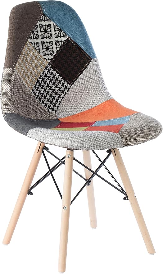 Mid-Century Modern Upholstered Plastic Multicolor Fabric Patchwork DSW Shell Dining Chair with Wooden Dowel Eiffel Legs by Fabulaxe