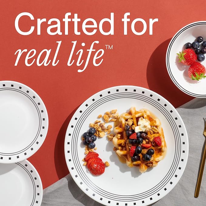 Corelle Vitrelle 18-Piece Service for 6 Dinnerware Set Triple Layer Glass and Chip Resistant, Lightweight Round Plates and Bowls Set, City Block - Image 6