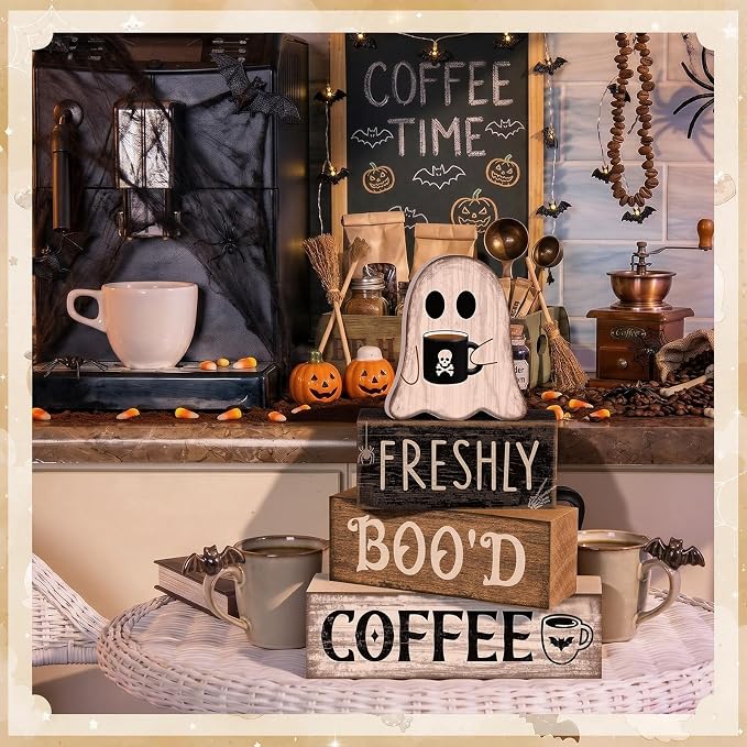 Moucuny 4 Pcs Halloween Coffee Table Decorations Cute Ghost Stacked Wooden Decor - Freshly Boo'd Coffee Halloween Tiered Tray Decor Rustic Ghost Table Centerpiece for Home Kitchen Shelf Bar - Image 5