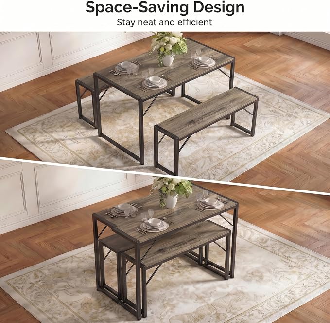 Bealife Dining Table Set for 4 with Metal Frame and MDF Board - Grey | Space Saving Kitchen Table with 2 Benches, Kitchen Table Set for Apartment, Dining Room, Breakfast Nook - Image 4