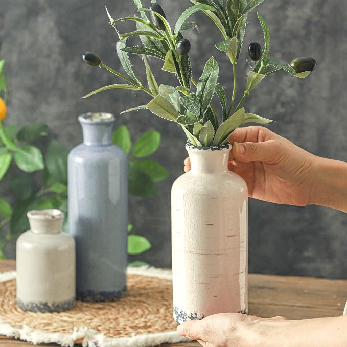 Ceramic Vase Set of 3, Neutral Flower Vases Home Decor, Pottery Rustic Farmhouse Decorative Vases Modern Decor for Table Mantel Entryway Bookshelf Living Room Kitchen Bedroom - Ocean - Image 3