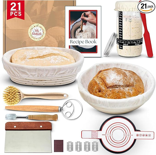 21 Pcs Sourdough Starter Kit, 10" Oval & 9" Round Banneton Bread Proofing Basket | Glass Jar, Whisk, Full Recipe Book & More, Sour Dough Starter Kit, Sourdough Bread Baking Supplies For Beginners