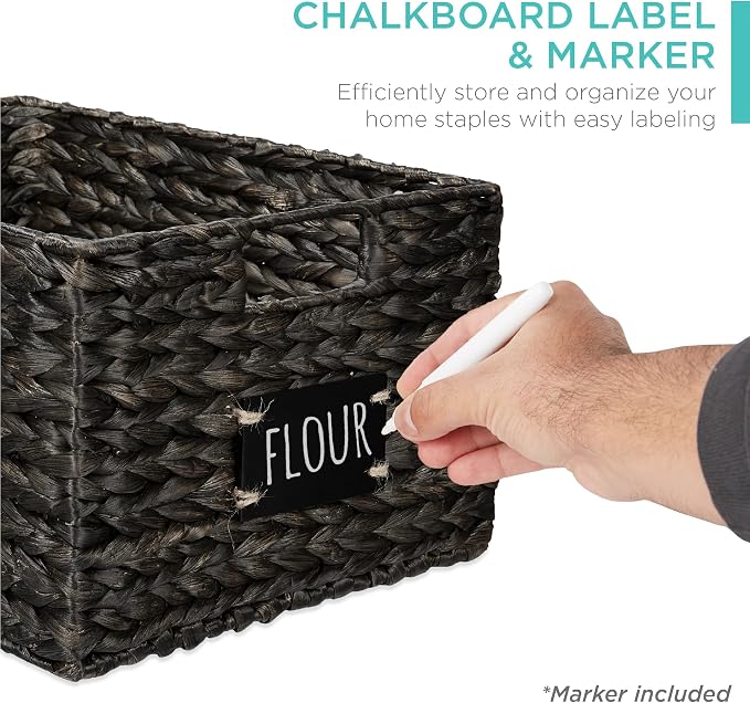 Best Choice Products Pantry Baskets Set of 2 16x12in Water Hyacinth Storage Baskets, Woven Wicker Kitchen Organizers with handles w/Chalkboard Label Chalk Marker - Black - Image 2