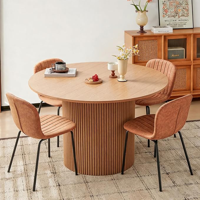 5 Piece Round Dining Table Set for 4, Mid Century Modern Wooden Kitchen Table and Chairs, Space-Saving Small Dinette Set (47 Inch Oak Table+4 Brown Chairs) - Image 5