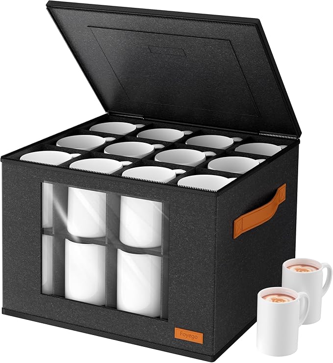 Foyego Cup and Mug Storage Box with 24 Dividers, Dark Gray, 2-Layer | with Lid, Visible Window, Soft Handles, for Packing and Moving, Stackable Storage Containers for Coffee Mug Cups and Glasses by Foyego
