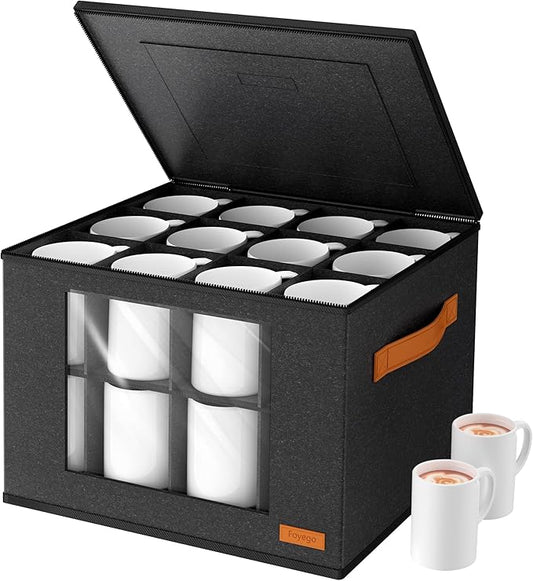 Foyego Cup and Mug Storage Box with 24 Dividers, Dark Gray, 2-Layer | with Lid, Visible Window, Soft Handles, for Packing and Moving, Stackable Storage Containers for Coffee Mug Cups and Glasses by Foyego