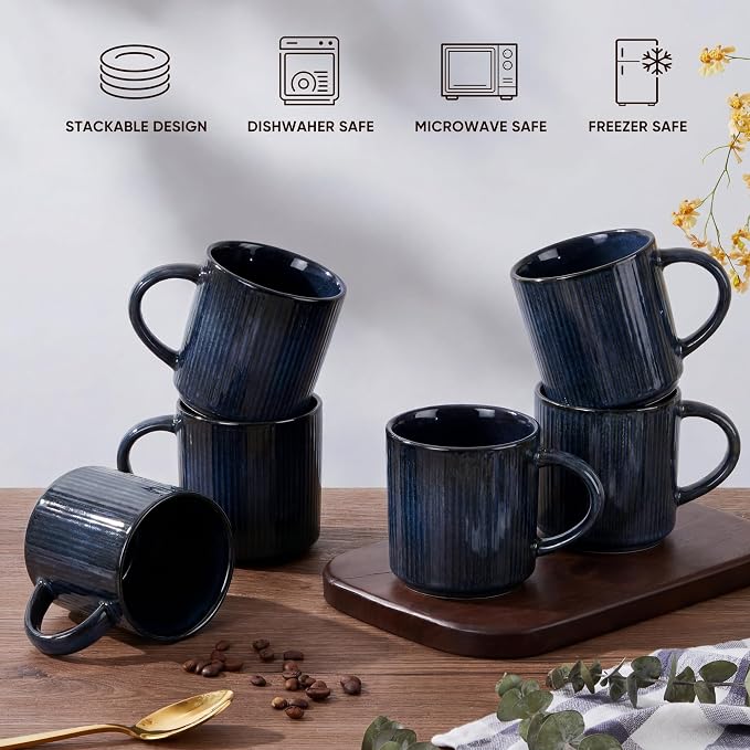 E-far 12 oz Coffee Mugs Set of 6, Stoneware Coffee Cups with Handle for Man Woman, Modern Ribbed Ceramic Tea Mugs for Latte Cocoa Milk, Microwave & Dishwasher Safe, Midnight Blue - Image 8