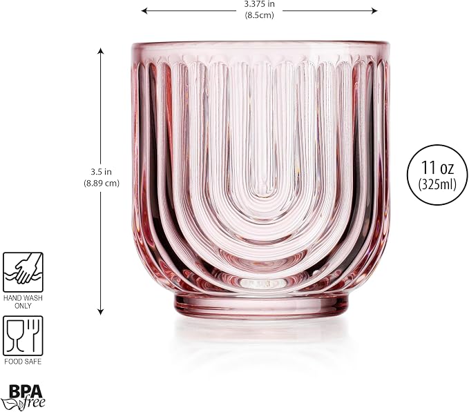Glaver's Vintage Glassware Art Deco Glasse Ribbed Drinking Glasses U-Shape Arch Design Colored Cocktail Kitchen Tumblers Everyday Dinner Decorative Party HandWash Only (Pink S/4 11oz) - Image 7