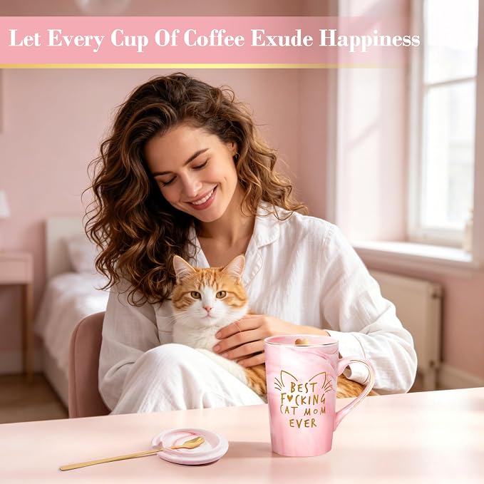 Cat Mom Gifts for Women, Crazy Cat Lady Coffee Mug Gift for Kitten Lover Mom Daughter Sister Aunt Wife Best Friends BFF Coworkers Her - Best Mom Ever, 14oz Pink Marble Ceramic Mug with Gift Box - Image 7