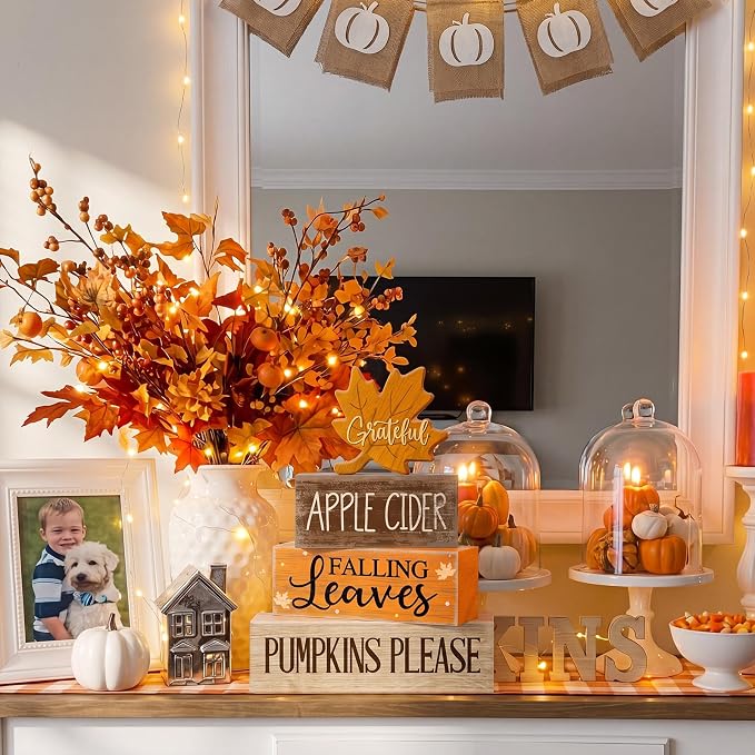 Moucuny 4 Pcs Fall Decoration for Home Wooden Maple Leaf Thanksgiving Table Centerpiece Rustic Thanksgiving Tiered Tray Decor Decorative Maple Leaf Block Signs Farmhouse Autumn Decor for Kitchen - Image 7