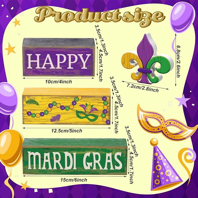 Moucuny 4 Pcs Mardi Gras Decorations Mardi Gras Wooden Sign Carnival Table Centerpiece Carnival Tiered Tray Decor Decorative Faux Book Stack Block for Masquerade Party Fireplace Mantel Shelf - Image 2