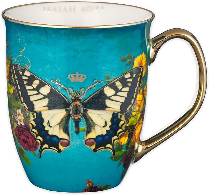 Christian Art Gifts Teal Butterfly Ceramic Coffee Mug with Gold Accents – 14 oz. Lead & Cadmium-free Inspirational Scripture Coffee and Tea Mug for Women & Men with Bible Verse: Hope – Isaiah 40:31 by ChristianArtGifts
