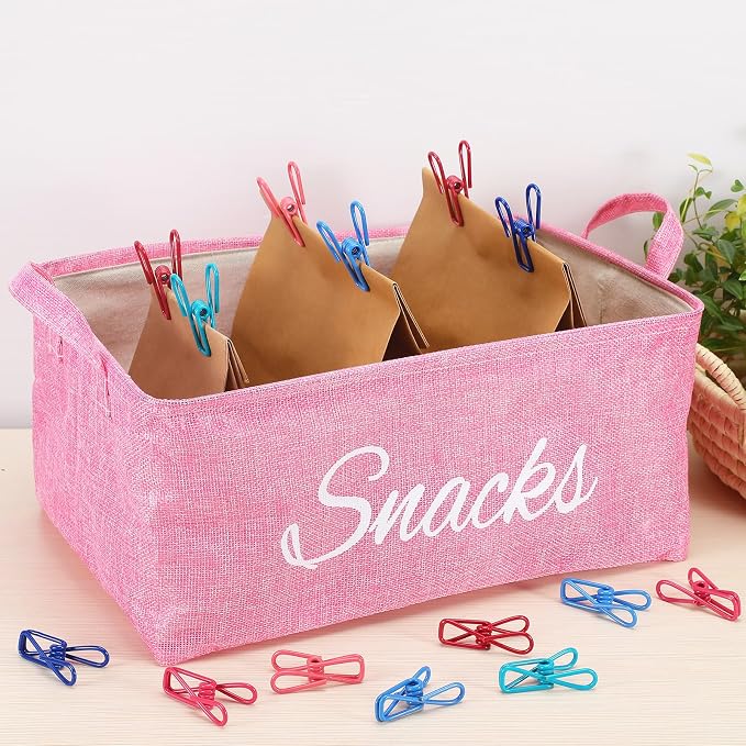17 Pcs Snack Basket Sets, Snack Storage Bin for Pantry Shelves with 16 Pcs 2 Inch Chip Clips, Basket Organizer for Kitchen Home, Chips, Popcorn, Candy, Pretzels (Pink,Burlap) - Image 2