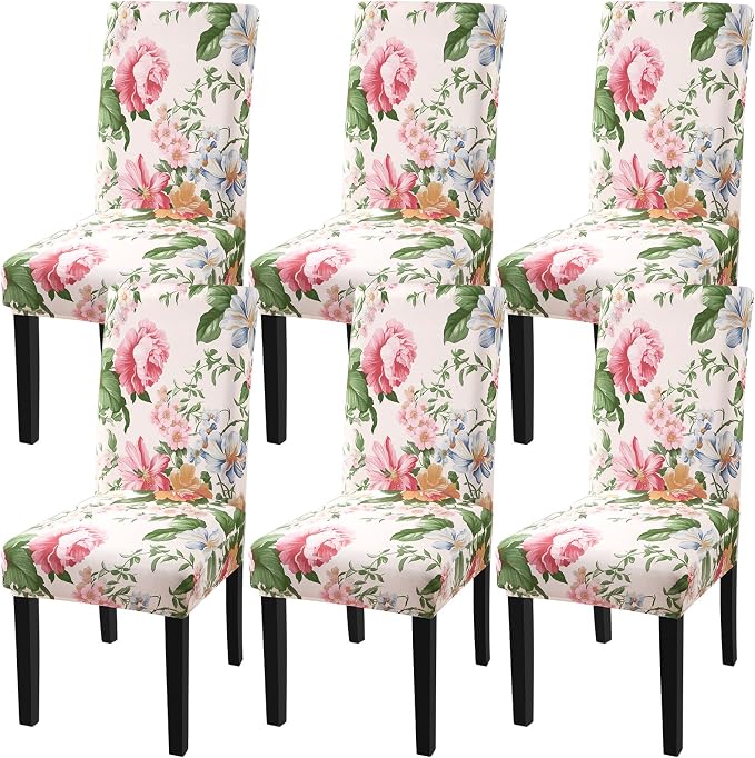 Fuloon Chair Covers for Dining Room 6 Pack, Printed Stretch Dining Slipcovers, Washable Kitchen Slip Covers for Parson Chair, Flowers Blossoms Printed, Set of 6 by Fuloon