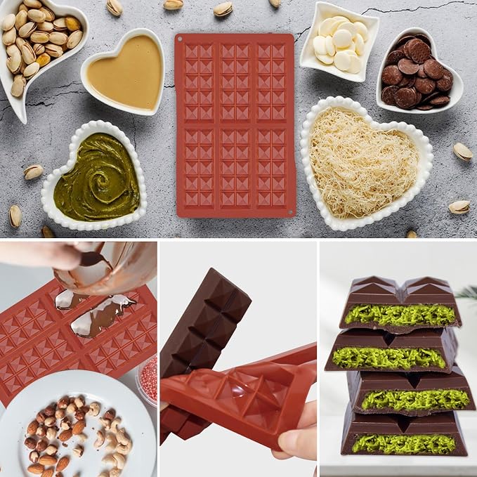 Chocolate Bar Molds Silicone Non Stick 2 Pack,Deep Dubai Granola Bar Diamond Shapes Mold for Making Filling Knafeh Pistachio Candy Snacks - Image 6