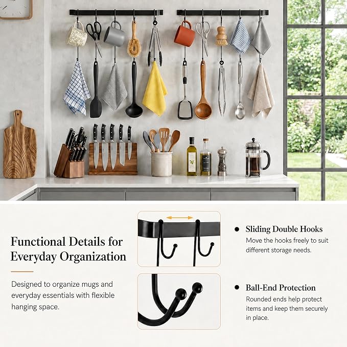17" Coffee Mug Hook Rack Wall Mounted Set of 2 | Black Metal Tea Cup Holder Hanger Organizer 10 Hooks, Kitchen Rail Utensil Rack for Dining Room Coffee Bar - Image 5