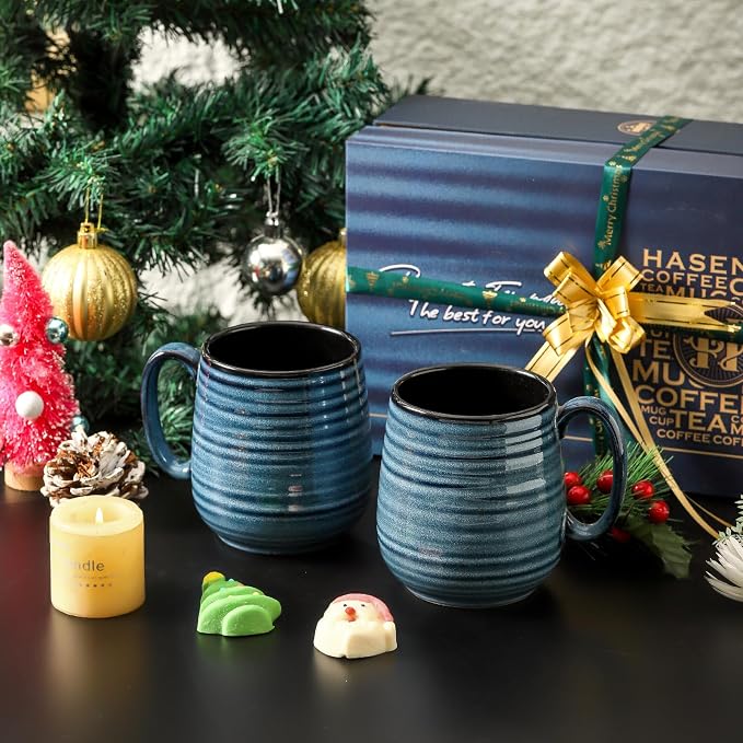 HASENSE Coffee Mugs Gift Set, 20 oz Ceramic Coffee Cups for Men and Women, Premium Large Tea Cups Gift Box with Coaster & Gold Spoon, Blue Couple Mugs for Wedding Holiday - Image 3