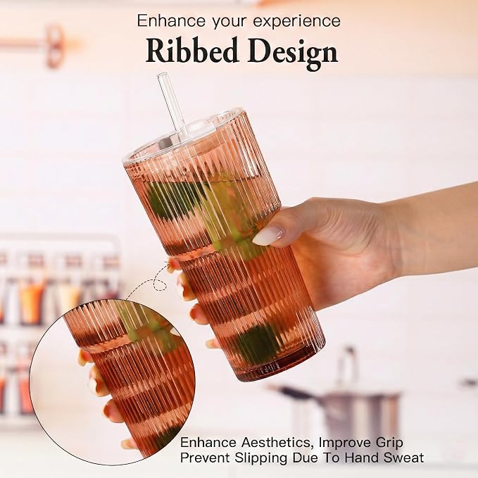 6PCS Venus Ribbed Glass Cups with Lids and Straws, 20oz Brown Vintage Drinking Glasses, Aesthetic Iced Coffee Cups, Glass Tumbler for Boba, Beer, Tea, Cocktails, Brown Ribbed Glassware Set (Venus-6) - Image 3