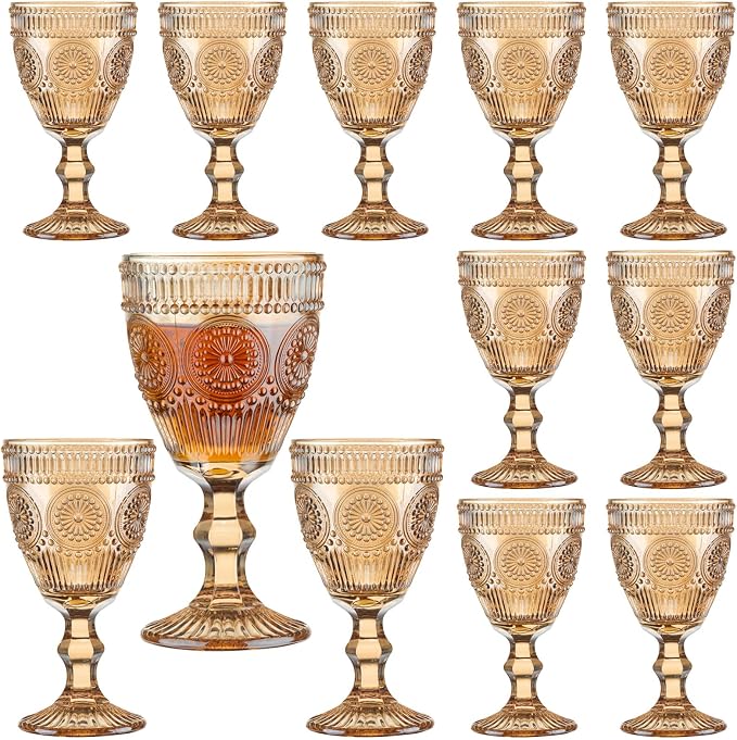 12 Pcs Vintage Wine Glasses, 10 Oz Colored Glass Water Goblets, Unique Flower Embossed Pattern High Clear Stemmed Glassware Wedding Party Bar Glass Drinking Cups Flower Amber Fancy Glasses Set of 12 by XKXKKE