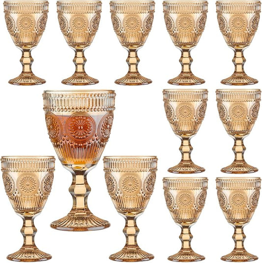 12 Pcs Vintage Wine Glasses, 10 Oz Colored Glass Water Goblets, Unique Flower Embossed Pattern High Clear Stemmed Glassware Wedding Party Bar Glass Drinking Cups Flower Amber Fancy Glasses Set of 12 by XKXKKE