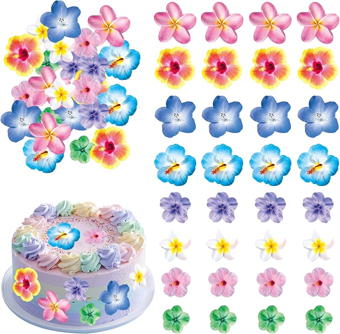 48 PCS Edible Flowers Cupcake Toppers Wafer Paper Birthday Party Hawaiian Birthday Party Decoration Wedding Themed Party Cake Decoration by Unknown