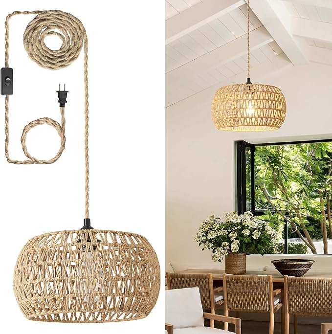 Rattan Boho Hanging Light,12.6'' Natural Hand Woven Fabric Drum Light,Plug Into Wall Outlet Pendant Light Fixture On/Off Switch for Dining,Living Room,Bedroom,Kitchen,Hallway Entryway, Without Bulb by DgroositonDirect