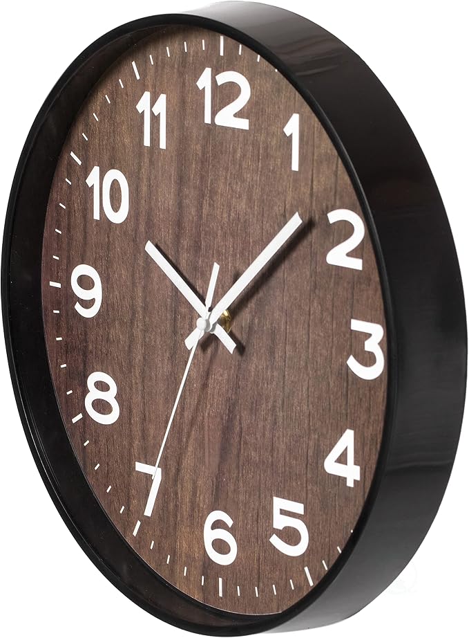 Decorative Modern Round Wood- Looking Plastic Wall Clock for Living Room, Kitchen, or Dining Room, Brown - Image 7
