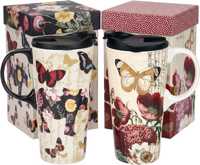 Topadorn 2-Pack 17oz Ceramic Travel Mug with Lids, Butterfly Floral Mugs | Set of 2 Coordinated 17oz Mugs, Vintage Butterfly & Floral Designs, Spill-Resistant Lids, Matching Gift Boxes Included by Topadorn