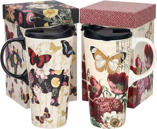Topadorn 2-Pack 17oz Ceramic Travel Mug with Lids, Butterfly Floral Mugs | Set of 2 Coordinated 17oz Mugs, Vintage Butterfly & Floral Designs, Spill-Resistant Lids, Matching Gift Boxes Included by Topadorn
