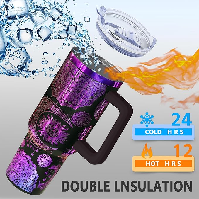 40 oz Bohemia Laser Engraving Tumbler With Handle With Lid Straw Double Insulated Travel Coffee Cup Boho Travel Accessories Must Have Gifts For Women