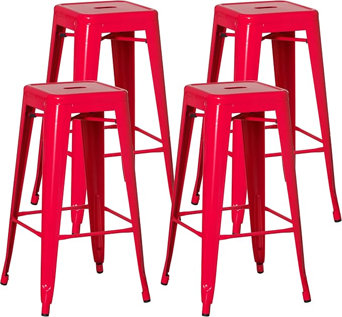 4-pcs 30-inch Backless Metal Bar Stool Stackable Heavy-Duty Counter-Height Chair for Home Bars Patios Kitchen Islands Cafes Restaurants Bistros and Dining Areas for Indoor & Outdoor, Red by Basicwise