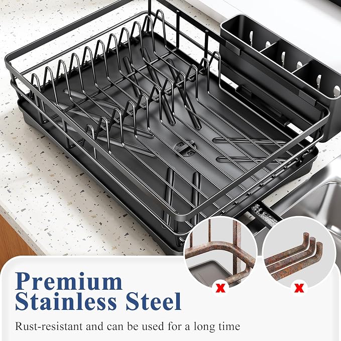 SNTD Dish Drying Rack for Kitchen Counter, 11.8" W x 16.7" L, Black | Rustproof Stainless Steel, Large Capacity, Self-Draining Drainboard, Rotating Spout, Removable Utensil Holder - Image 6