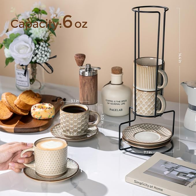 GBhome 6 OZ Stackable Coffee Mugs Set of 4, Ceramic Espresso Coffee Cups | Coffe Cups With Saucer and Stand, Dishwasher&Microwave Safe, 4 Assorted Designs - Image 2
