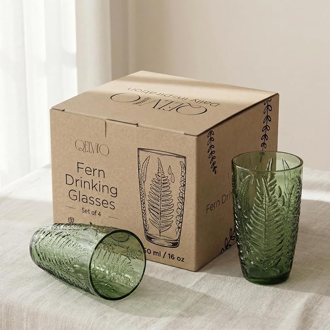 Green Drinking Glasses Set of 4, 16 oz Glass Cups, Vintage Fern Glassware | Hand-Pressed, Dishwasher Safe, Boho Leaf-Textured Drinkware, Embossed Highball Tumblers for Water, Retro Kitchen Gift - Image 6