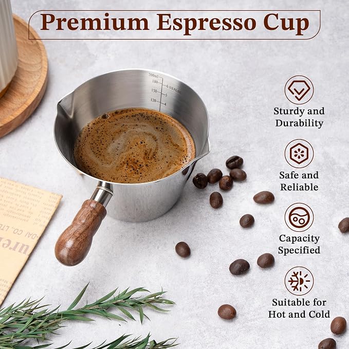 Amrules Espresso Cup, 6.8 oz/200 ml Stainless Steel Coffee Shot Measuring Cup with Wood Handle, Double V-Shaped Mouth and Clear Scale for Cappuccino Barista Coffee Bar Accessories, Silver - Image 4