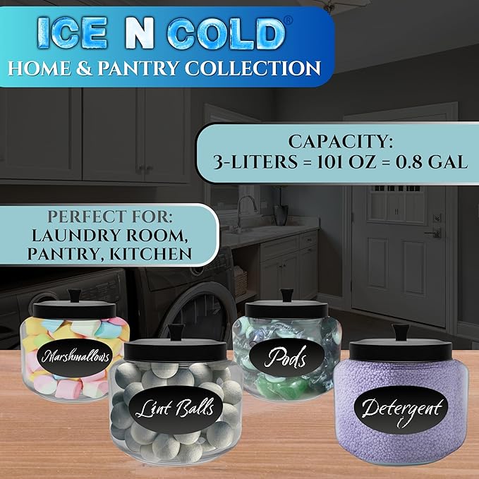 Kitchen and Laundry Storage Glass Jar – Wide Mouth Round Glass Storage Container with Black Steel Lid and Chalkboard Label - 2 Sticks of Chalk Included (1, 3L | 101oz | 0.8 Gallon)