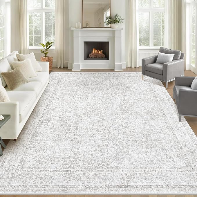 8x10 Area Rugs for Living Room: Washable Large Vintage Floral Rug Low Pile Non-Slip Boho Carpet for Bedroom Home Office Dining Room (Floral Grey, 8'x10') by LOSBULAKE