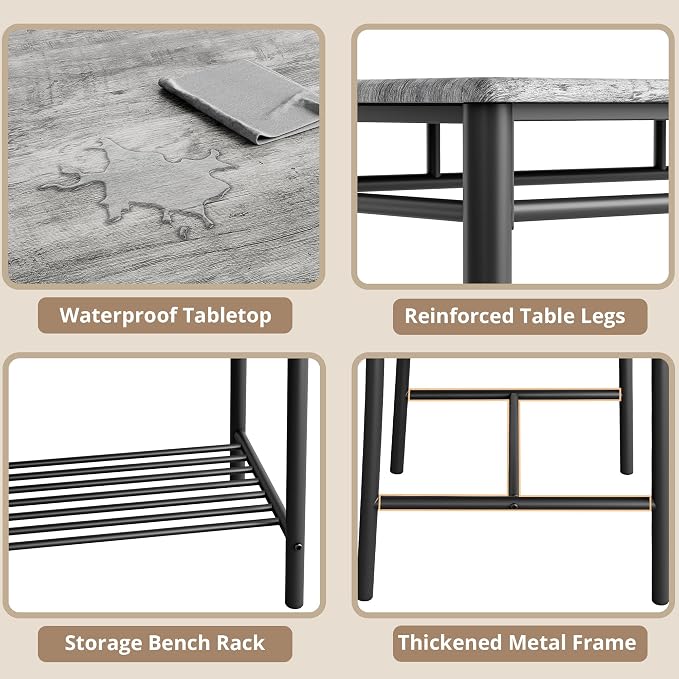 IRONCK Dining Table Set for 4, Kitchen Table and Chairs Set, Gray | Kitchen Table with Upholstered Bench and 2 Chairs for Small Space, Apartment - Image 7