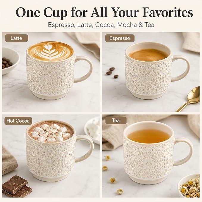 6 Oz Coffee Cups Set of 4, Stackable Espresso Cups with Metal Stand, Ceramic Cappuccino Cup, Embossed Coffee Mugs for Latte, Cocoa, Mocha, Tea, Housewarming Present, Dishwasher Safe - Image 9